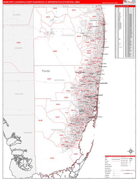 Miami-Fort Lauderdale-West Palm Beach Metro Area Wall Map